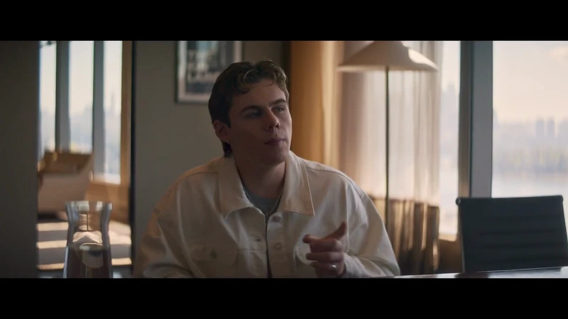 Young man wearing a white jacket seated in an office interior with large windows for Uber Eats