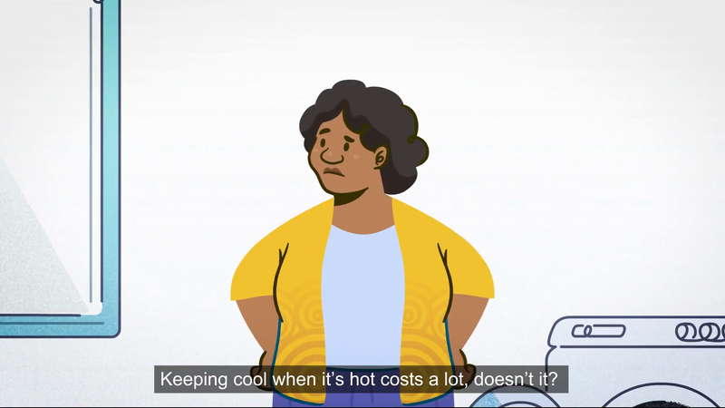 Animated image of a woman with a concerned expression, wearing a yellow cardigan, next to an appliance and window against a white backdrop.