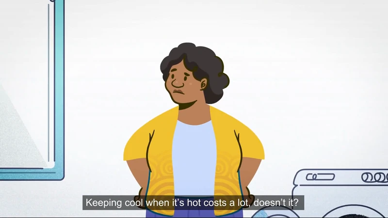 Animated image of a woman with a concerned expression, wearing a yellow cardigan, next to an appliance and window against a white backdrop.