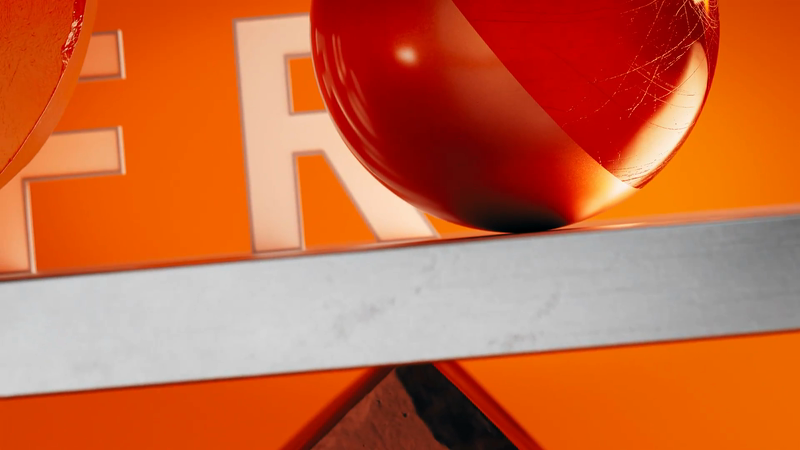 Abstract image of a red ball on a silver metal bar supported by a stone with white text against an orange background.