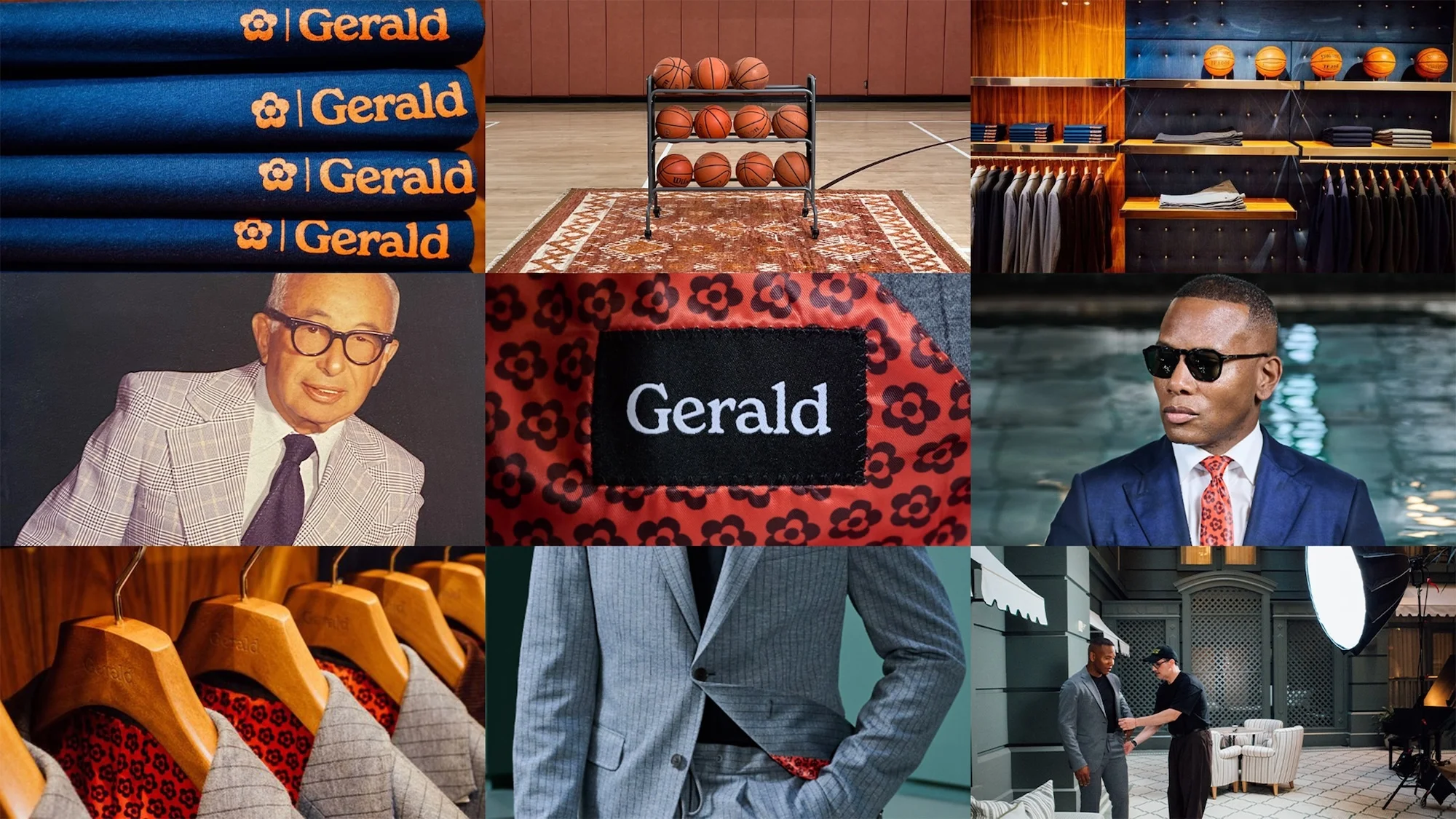 Collage of menswear images: tailored suits, athletic themes, and celebrity portrait. Fashion, style, and apparel.