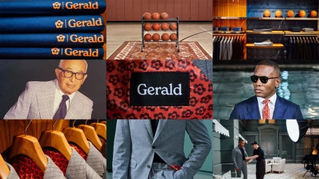Collage of nine images showing brand identity elements including stacked blue fabrics, basketballs, retail displays, and tailored suits.