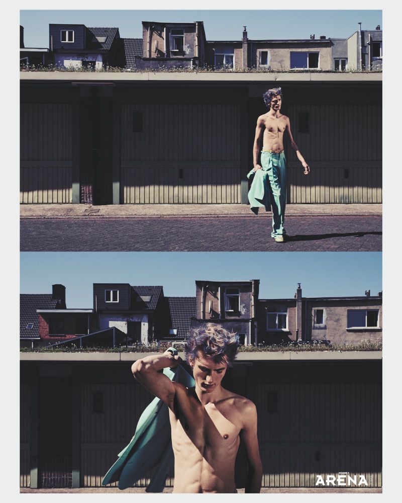 Two panels feature a shirtless adult male in light green pants, set against weathered garage doors and houses, with a vintage aesthetic.