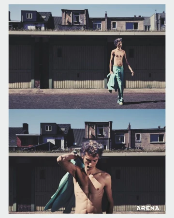 Two panels feature a shirtless adult male in light green pants, set against weathered garage doors and houses, with a vintage aesthetic.