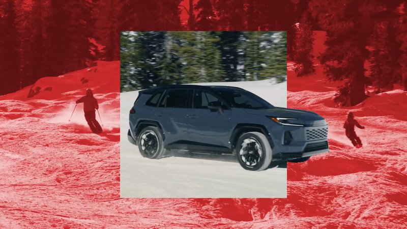 Blue sport utility vehicle driving on a snow-covered road in a winter landscape with skiers and evergreen trees, framed in red design.