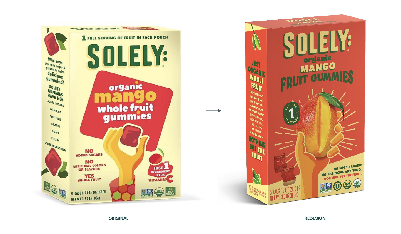 Two Solely brand organic mango fruit gummies boxes, before and after redesign, in a studio shot. Food product packaging.