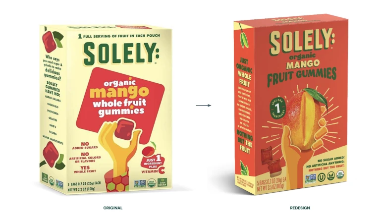 Two Solely brand organic mango fruit gummies boxes, before and after redesign, in a studio shot. Food product packaging.