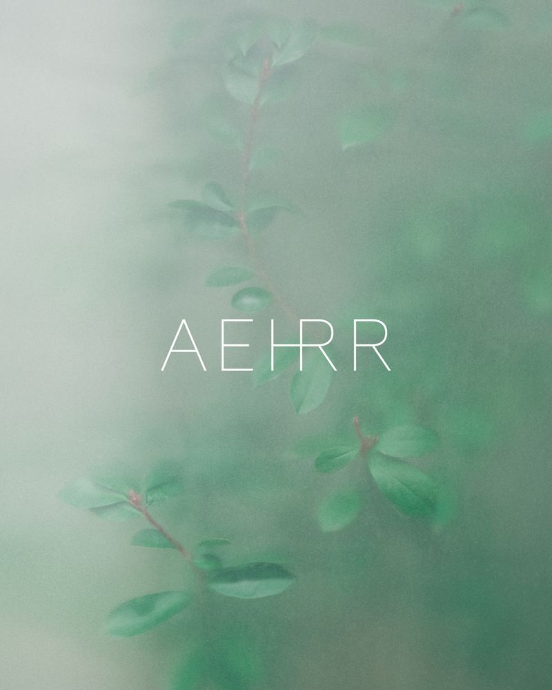 Green foliage with red stems is blurred with atmospheric fog. The text “AEHRR” is superimposed in white in the lower center.