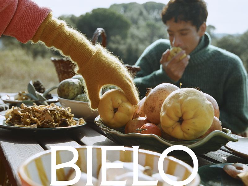 Outdoor picnic with pomegranates and fruit on a wooden table, two people dining in the background, sunny countryside setting.