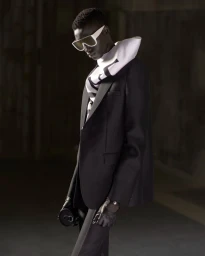 Model in white sunglasses and black suit wearing a patterned white scarf holding cylindrical bag