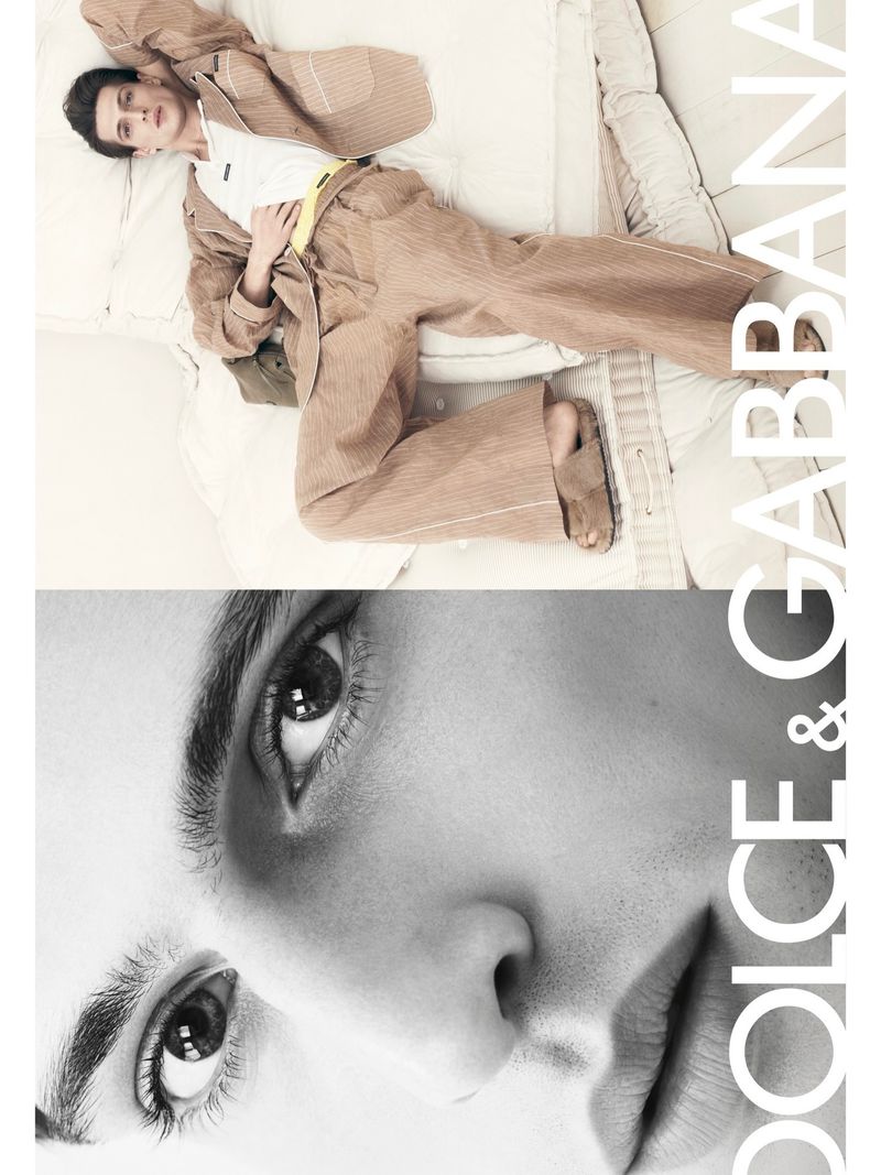 Fashion editorial shot featuring a model reclining in striped loungewear, contrasted with a close-up of a model's face in black and white.