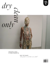 Model Omahyra Mota wearing crystal-embellished headwear and matching trousers for Dry Clean Only Magazine