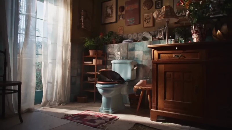 Vintage-style bathroom interior with a light blue toilet, wooden vanity, and natural light streaming through sheer curtains.