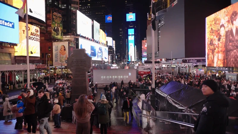Nighttime view of Times Square in New York City with digital billboards, a countdown clock, crowds of people, and city lights.