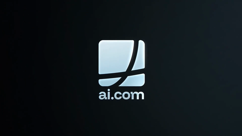 A logo against a dark background, featuring a stylized square shape with a white fill and a curved line element. The text ai.com appears below.