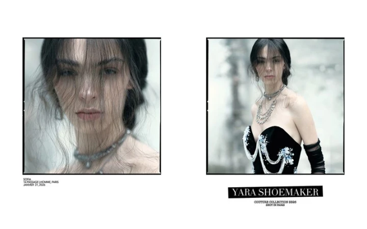 Diptych of a model wearing a black embellished strapless gown and silver necklaces with loose strands of hair across her face