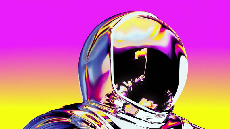 Abstract shiny chrome astronaut with purple and yellow background, rendered with visual effects, metaverse concept, space exploration.