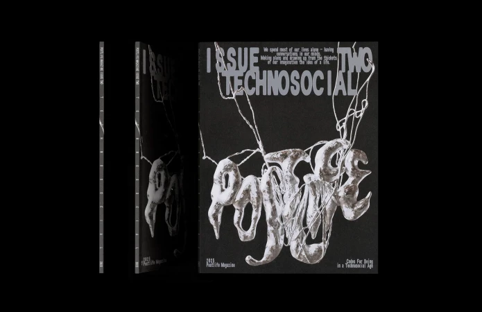 Postlife Magazine cover featuring silver techno-social themed font art on a black background; studio lighting.