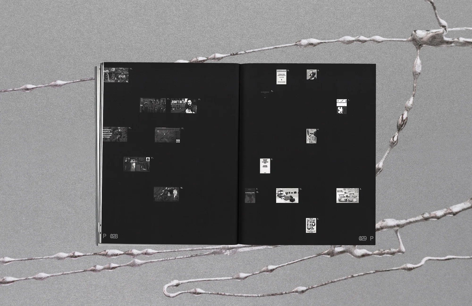 Open book displays a collection of thumbnail images, presented on a silver-grey backdrop adorned with organic rope-like lines.