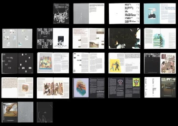 Spread sheet view of multiple pages from the Postlife brand identity project designed by Classmate Studio showing typography and illustration