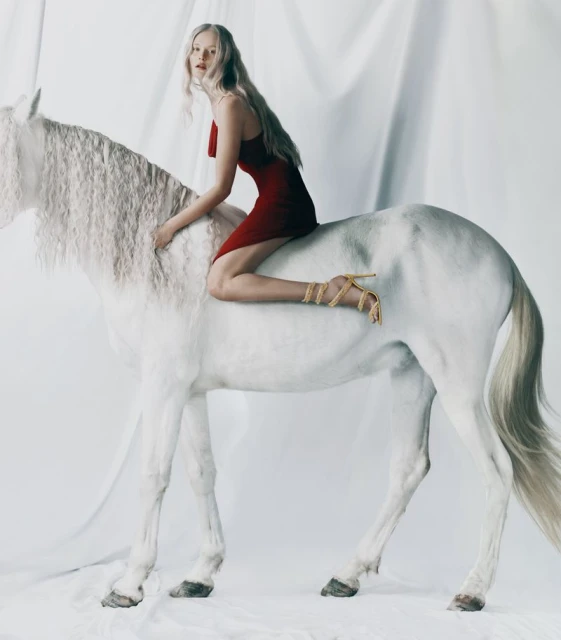 A woman with long blonde hair riding a white horse in a photo studio, wearing a red dress and gold high heels, against a draped backdrop.
