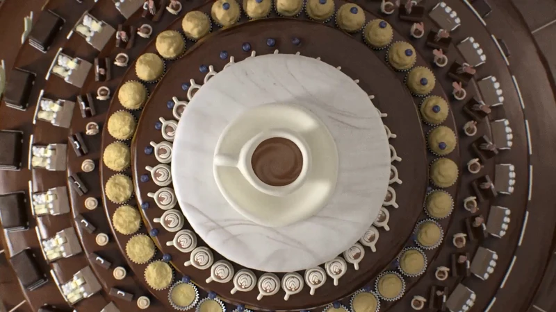 Overhead shot of a coffee cup surrounded by an arrangement of coffee cups, pastries, and chocolate on a brown tiered surface.