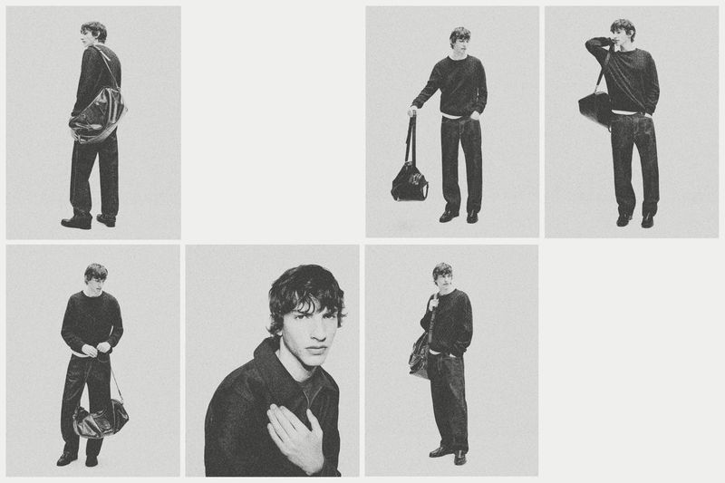 Monochrome portraits of a young man wearing a dark sweater and dark pants, holding a large shoulder bag in multiple poses.