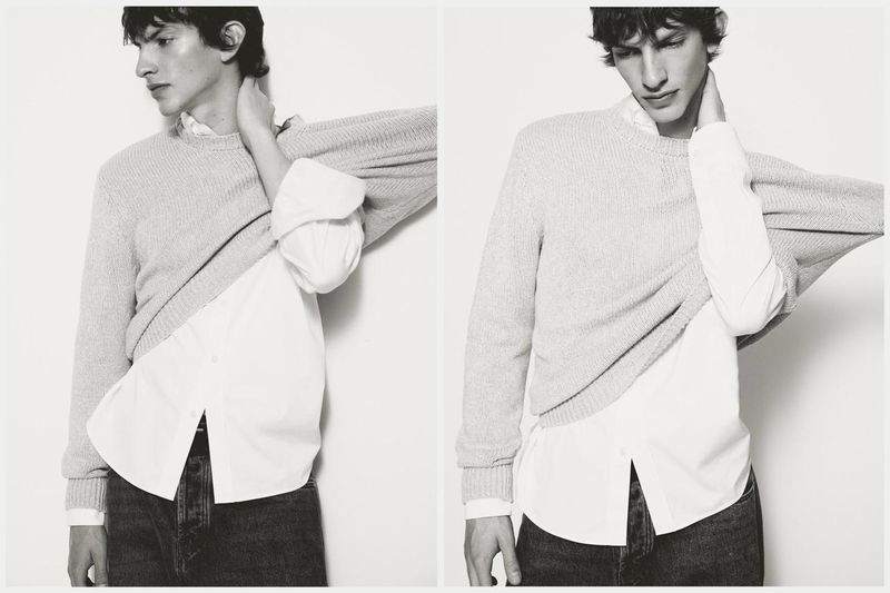 Split-image portrait of a young adult male in a grey sweater and white collared shirt, posing against a plain white backdrop.