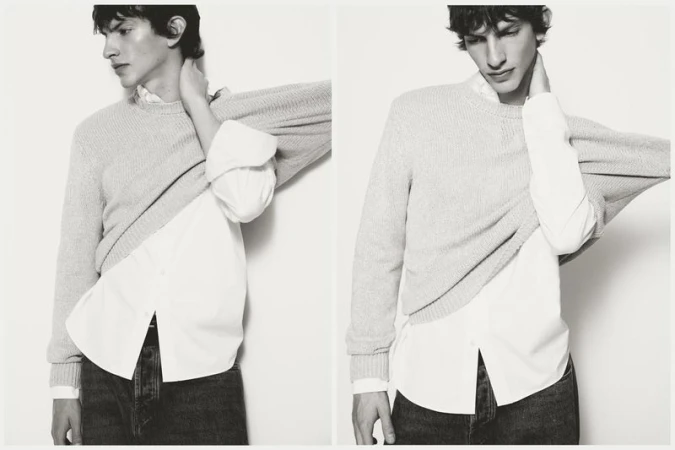 Split-image portrait of a young adult male in a grey sweater and white collared shirt, posing against a plain white backdrop.