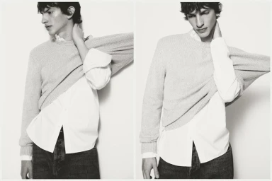 Diptyptich fashion portrait of a male model in a white shirt and grey sweater against a plain white wall