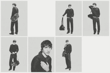 Multi-panel editorial layout featuring a male model in a dark sweater and holding a leather duffel bag against a light background.