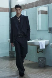 Male model in a dark suit standing inside a tiled commercial restroom with sinks and mirrors