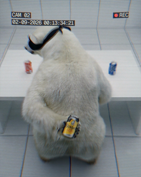 Surveillance style shot of a polar bear wearing a ski mask stealing a beer from a table with other canned beverages.