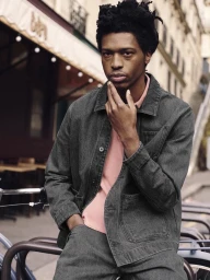 Black man in dark grey denim jacket and pink polo shirt posing outdoors near a bicycle for Octobre Editions.