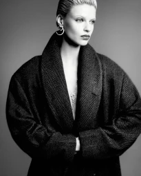 Model wearing a dark herringbone coat against a neutral grey studio backdrop in a black and white fashion portrait.