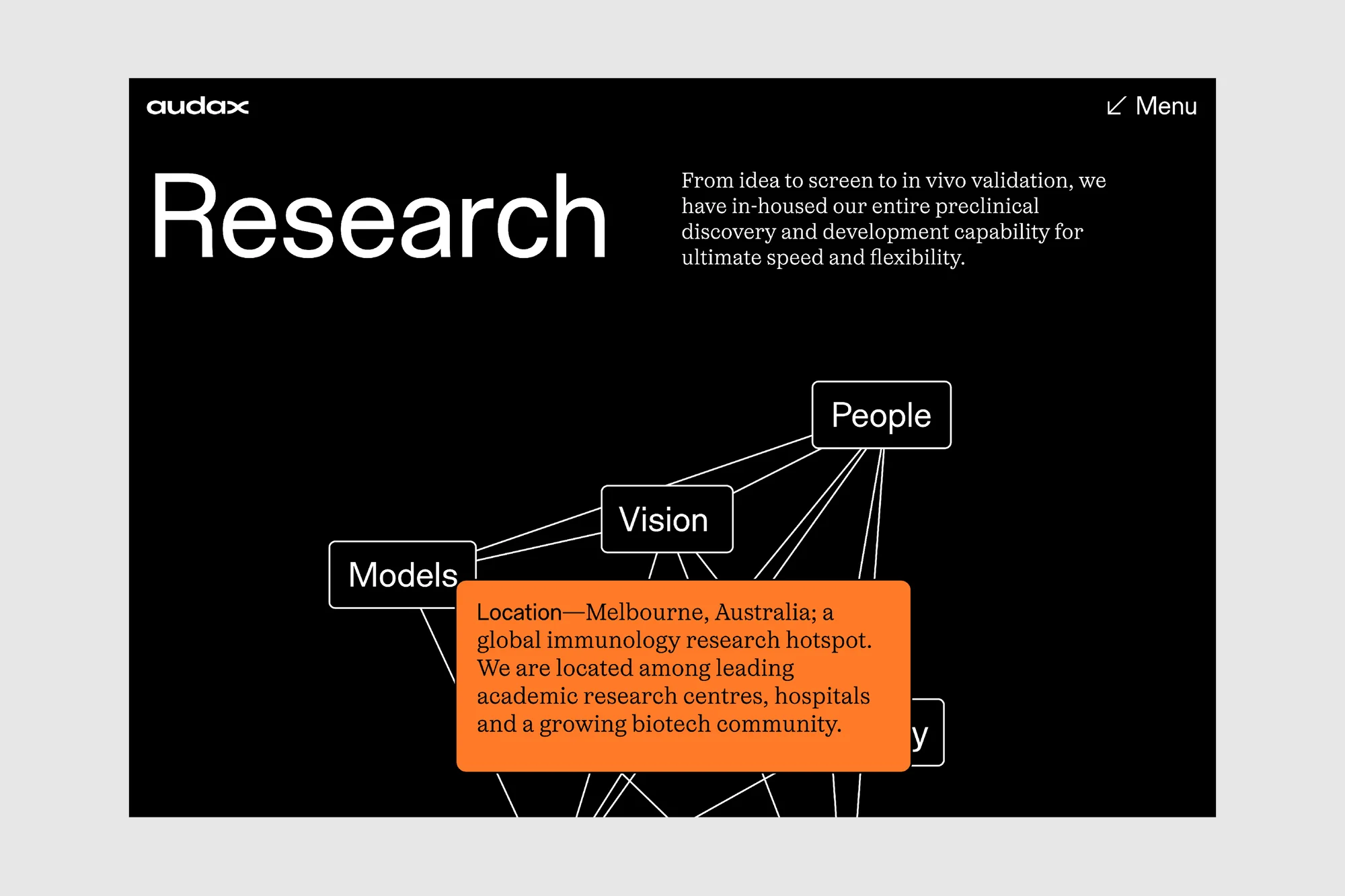 Webpage design features the word "Research" and other descriptive text about a global immunology research hotspot in Melbourne, Australia.