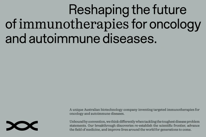 Text-based image promoting immunotherapies for oncology and autoimmune diseases, featuring a DNA-like symbol against a gray background.