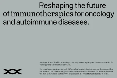 Typography layout on grey background with headline reshaping the future of immunotherapies for oncology and autoimmune diseases.