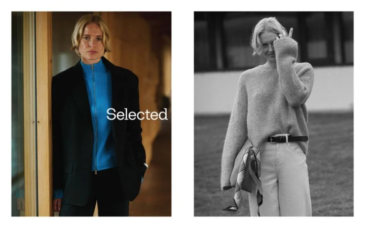 Two images side-by-side: one woman in a blazer, the other in sweater giving the peace sign, fashionable monochrome portraits.