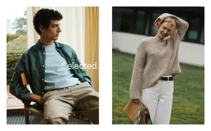 Fashion advertisement featuring a male model seated indoors, and a female model posing outdoors in a knit sweater and white pants.