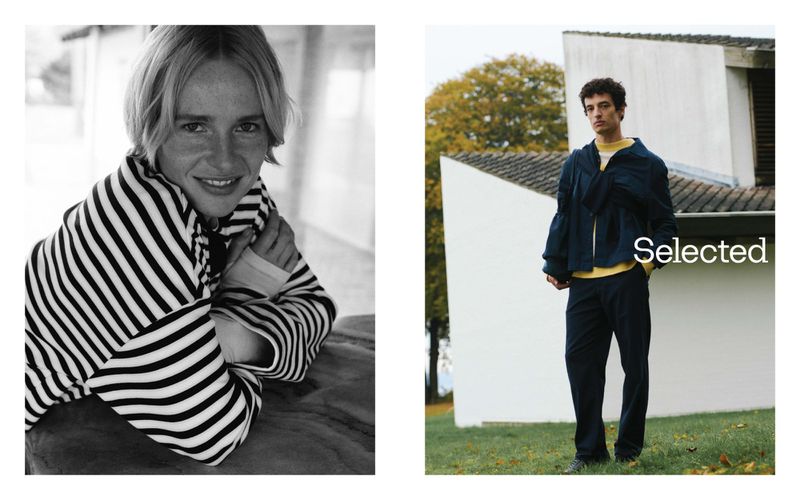 Fashion ad featuring a smiling woman in a striped top, monochrome portrait style, contrasted with a full-body shot of a male model.