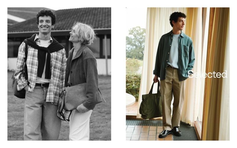 Two images show a young adult man and woman wearing casual clothing; one image is in color and the other is in black and white.