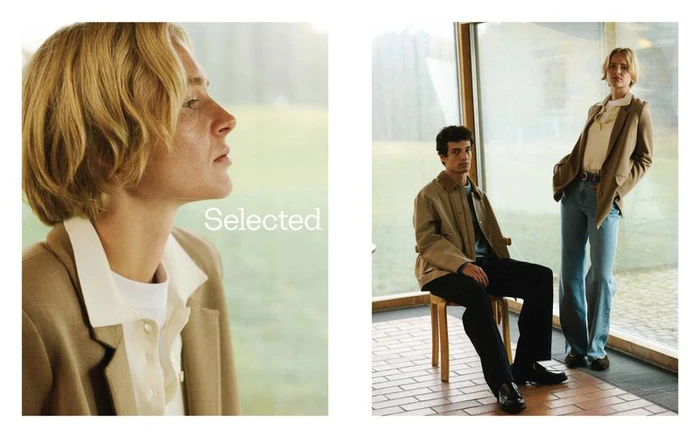 Diptych fashion campaign image featuring a close-up profile portrait and a full-length shot of a man and a woman in a room.
