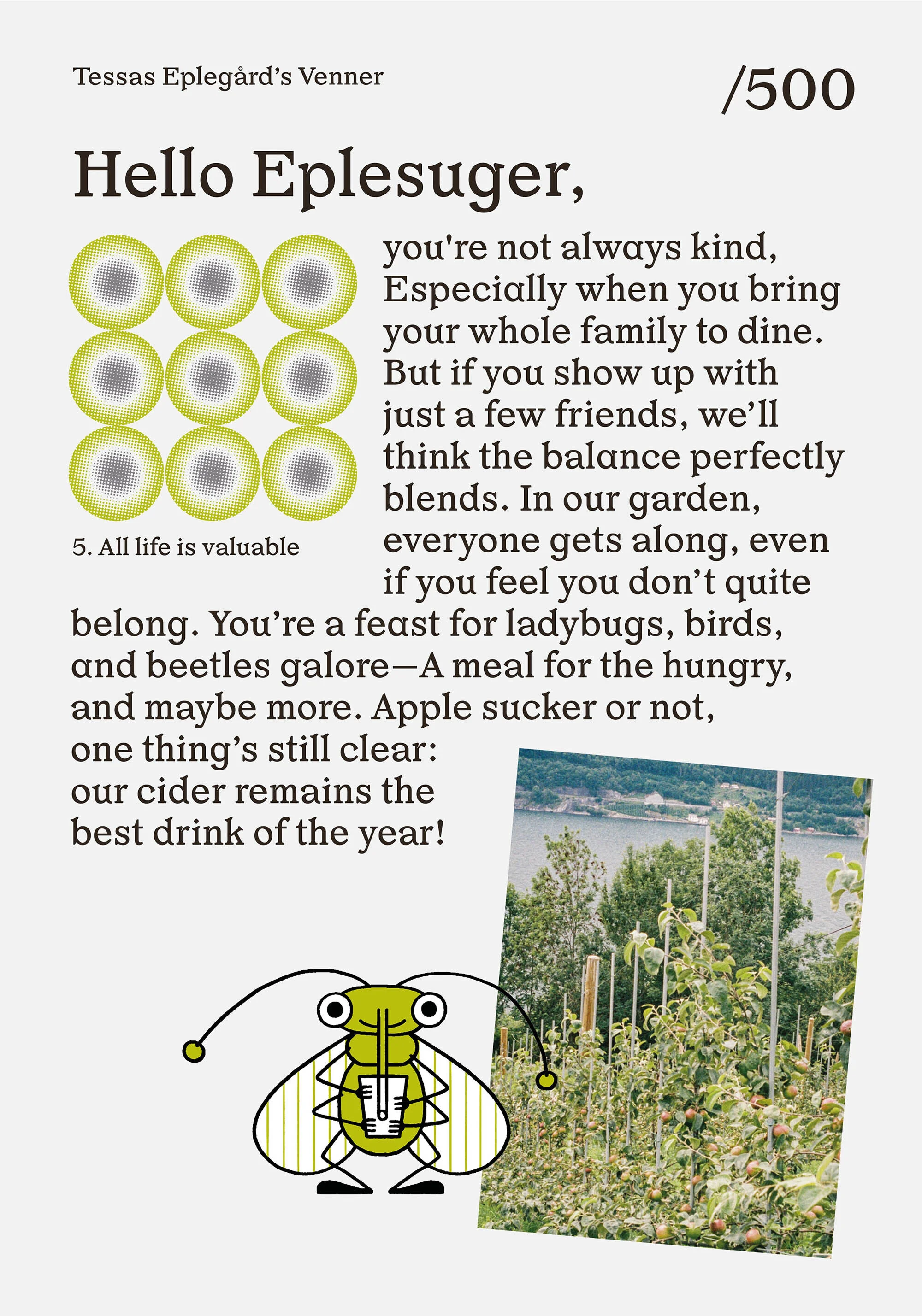 Illustrated graphic featuring an apple-themed insect, accompanying text, and a nature photograph, all designed to evoke an invitation.