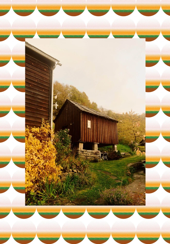Wooden barn building surrounded by lush greenery and foliage framed by a decorative border pattern