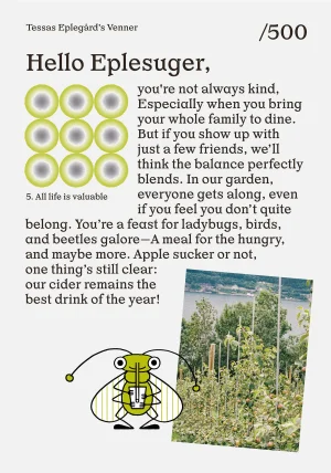 Graphic design poster featuring typography, a green illustrated bug sipping cider, a grid of green apples, and a tilted orchard photo.