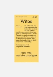 Yellow rectangular product label with black typography detailing the Witos apple variety for Tessas Eplegård.