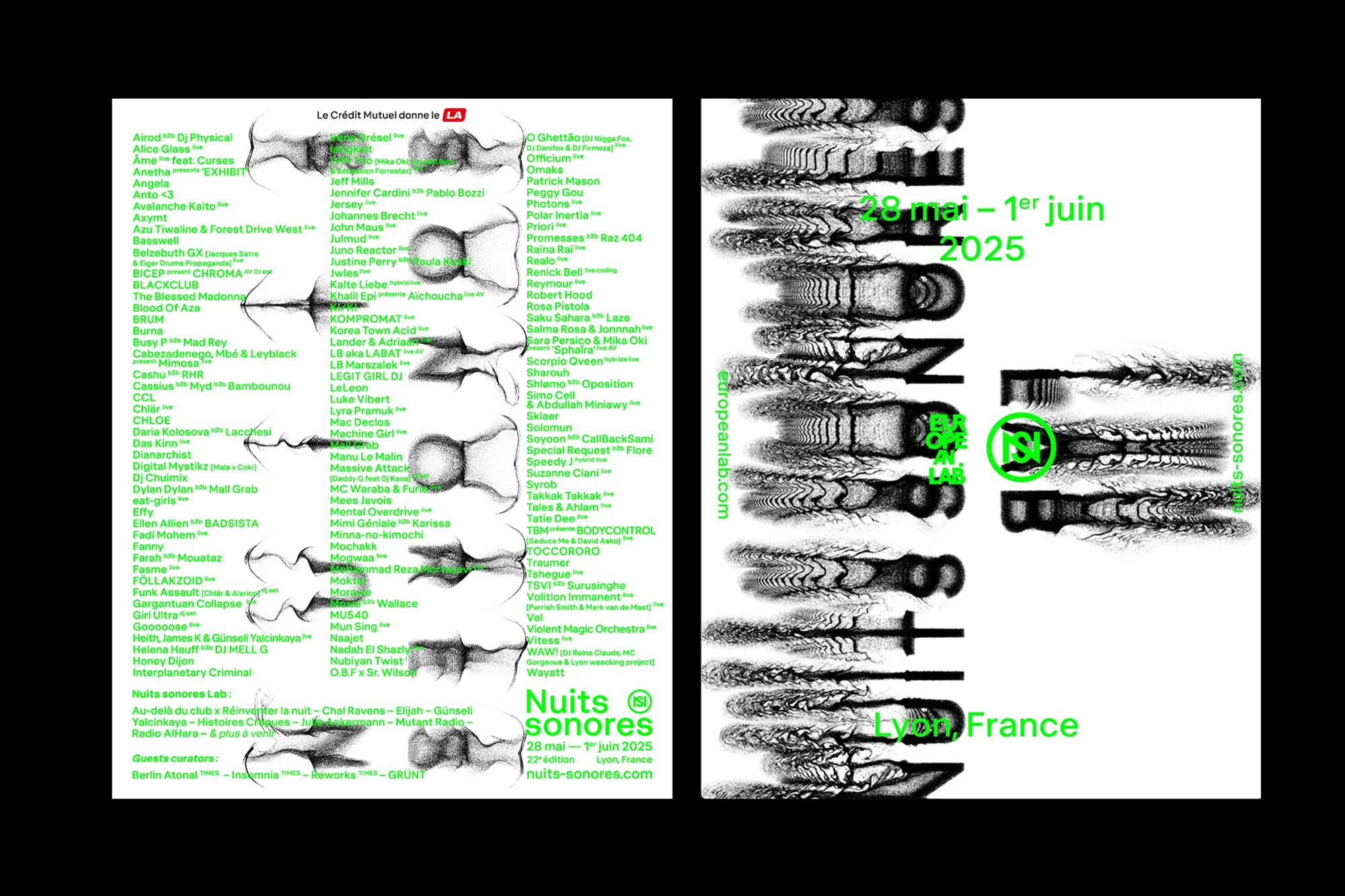 Flyer for Nuits sonores 2025, a music and arts festival in Lyon, France, featuring a lineup of electronic music artists and performers.