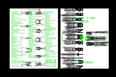 Festival lineup poster for Nuits Sonores featuring green typography and generative graphic art elements on a white background