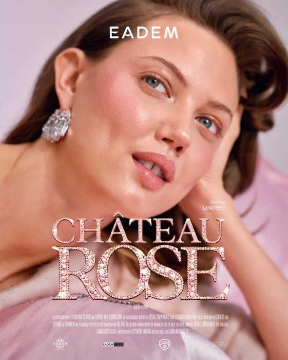 Close-up portrait of model Lindsey Wixson with sparkling crystal earrings against a soft pink background for Eadem.
